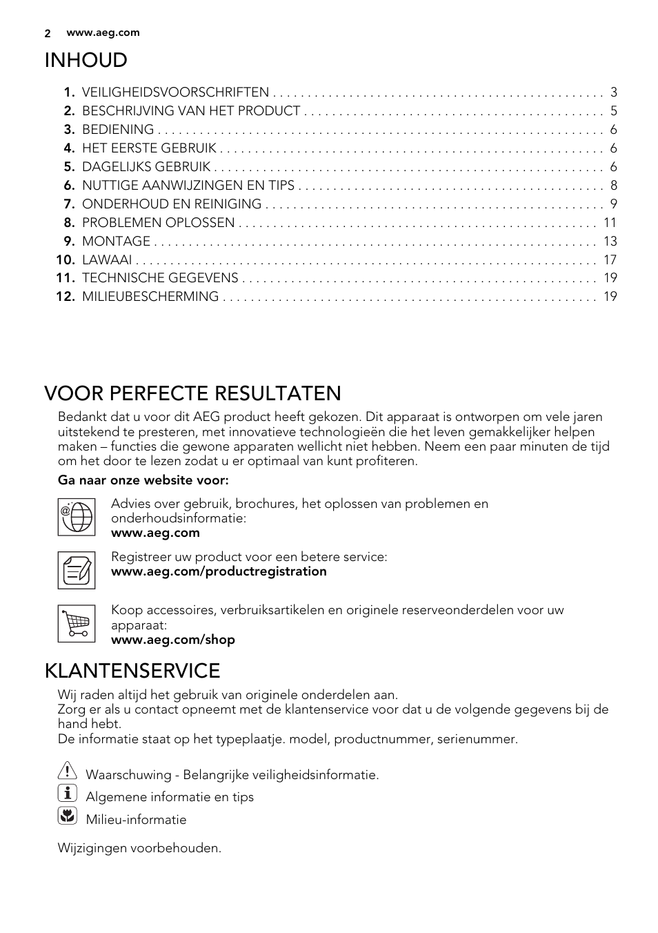 Inhoud, Voor perfecte resultaten, Klantenservice | AEG S71540TSW1 User Manual | Page 2 / 76