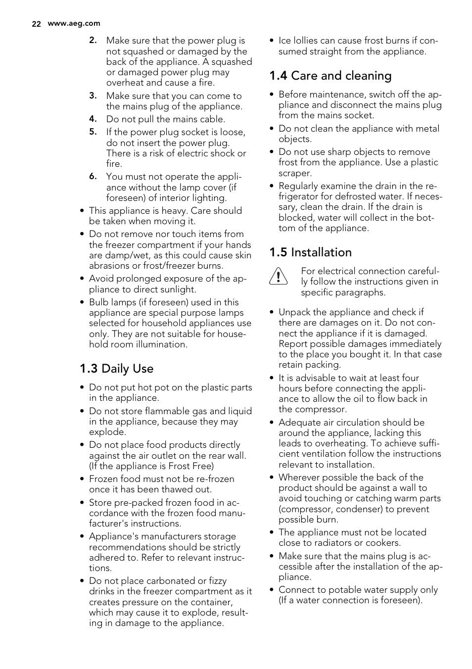 3 daily use, 4 care and cleaning, 5 installation | AEG S71540TSW1 User Manual | Page 22 / 76