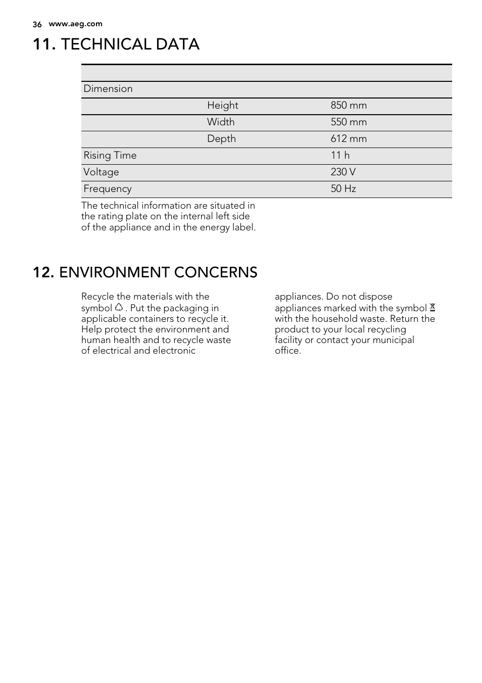 Technical data, Environment concerns | AEG S71540TSW1 User Manual | Page 36 / 76