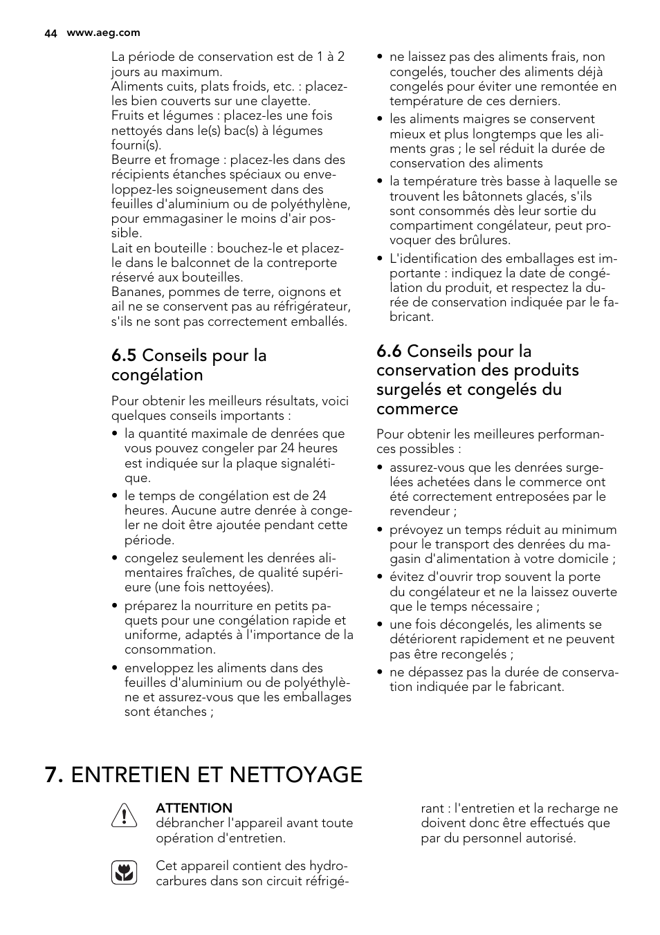 Entretien et nettoyage, 5 conseils pour la congélation | AEG S71540TSW1 User Manual | Page 44 / 76