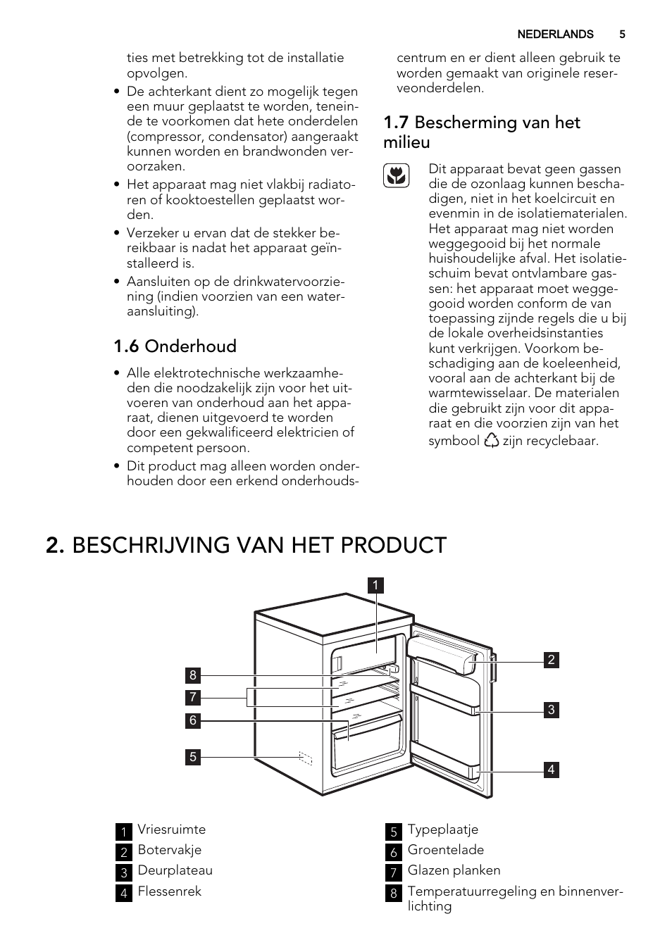 Beschrijving van het product, 6 onderhoud, 7 bescherming van het milieu | AEG S71540TSW1 User Manual | Page 5 / 76