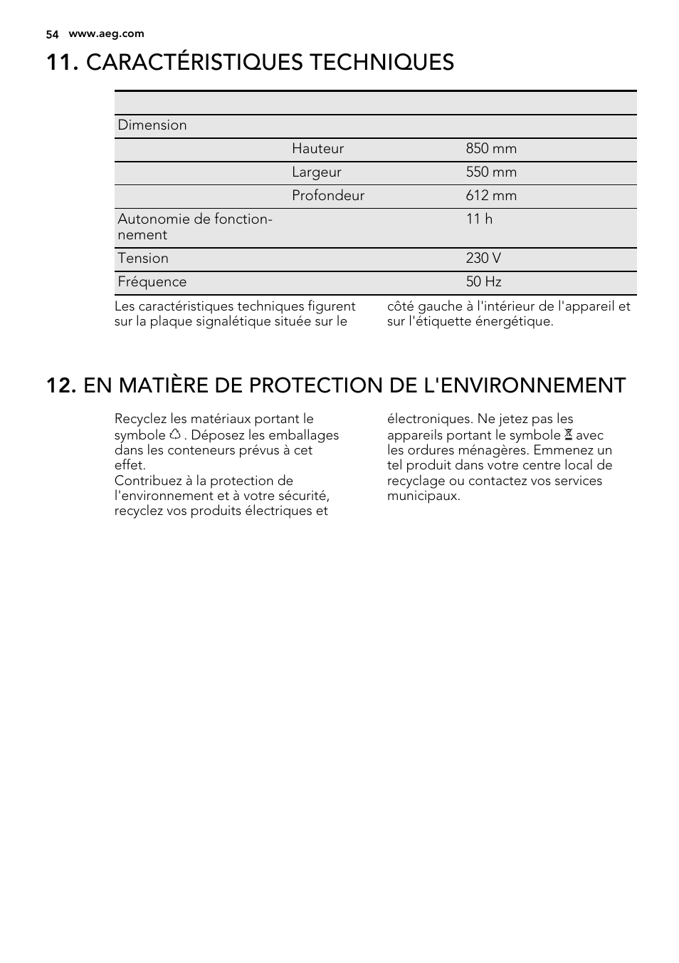 Caractéristiques techniques, En matière de protection de l'environnement | AEG S71540TSW1 User Manual | Page 54 / 76