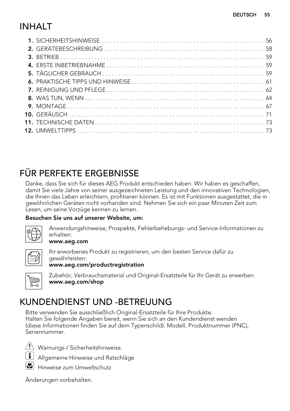 Inhalt, Für perfekte ergebnisse, Kundendienst und -betreuung | AEG S71540TSW1 User Manual | Page 55 / 76