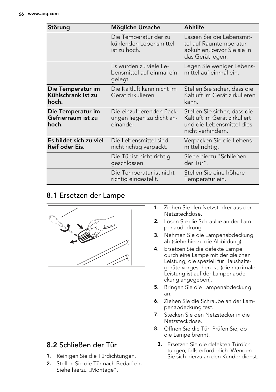 1 ersetzen der lampe, 2 schließen der tür | AEG S71540TSW1 User Manual | Page 66 / 76