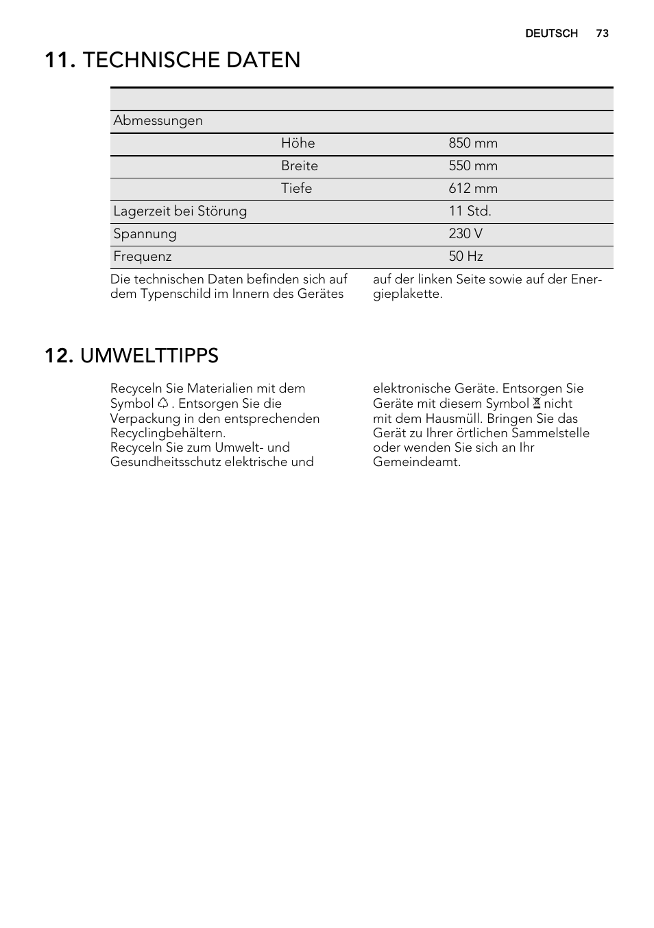 Technische daten, Umwelttipps | AEG S71540TSW1 User Manual | Page 73 / 76