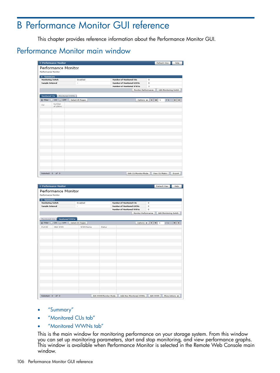 B performance monitor gui reference, Performance monitor main window | HP XP P9500 Storage User Manual | Page 106 / 157