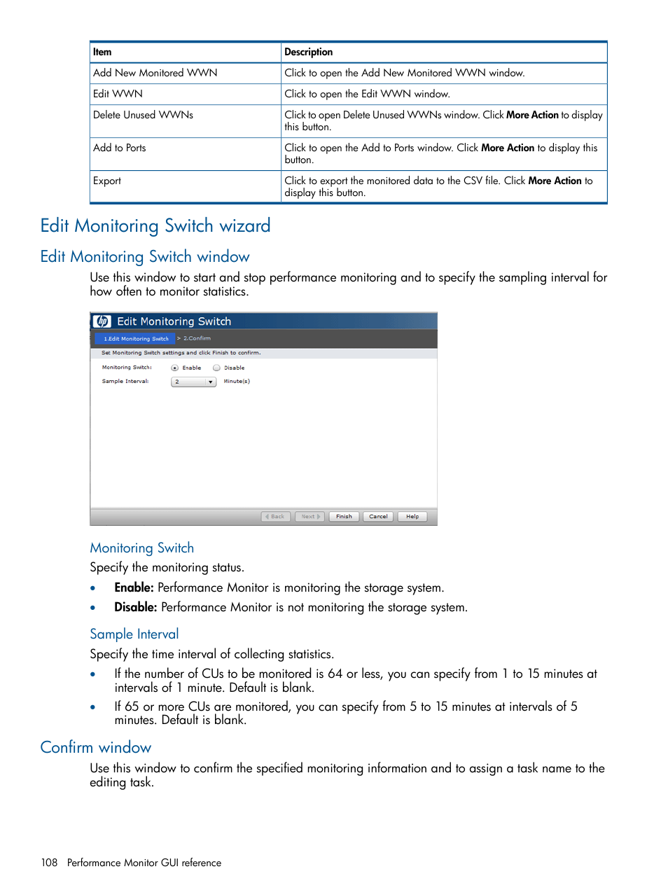 Edit monitoring switch wizard, Edit monitoring switch window, Confirm window | Edit monitoring switch window confirm window | HP XP P9500 Storage User Manual | Page 108 / 157