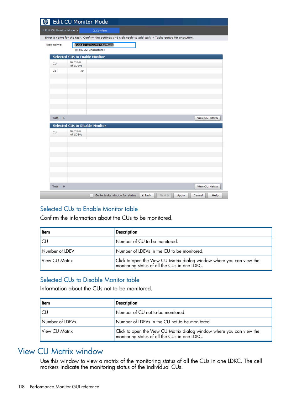View cu matrix window, Selected cus to enable monitor table, Selected cus to disable monitor table | HP XP P9500 Storage User Manual | Page 118 / 157