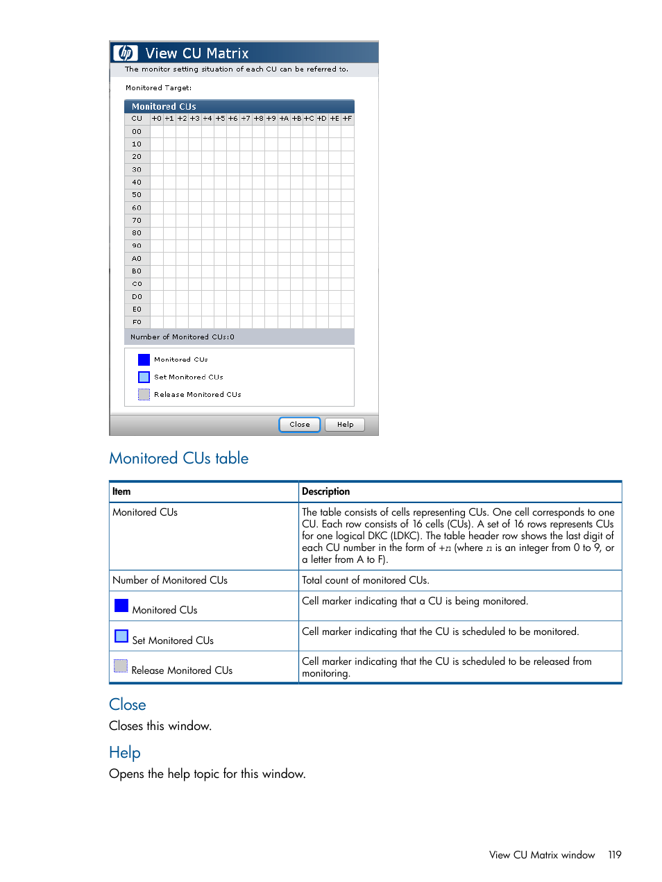 Monitored cus table, Close, Help | HP XP P9500 Storage User Manual | Page 119 / 157