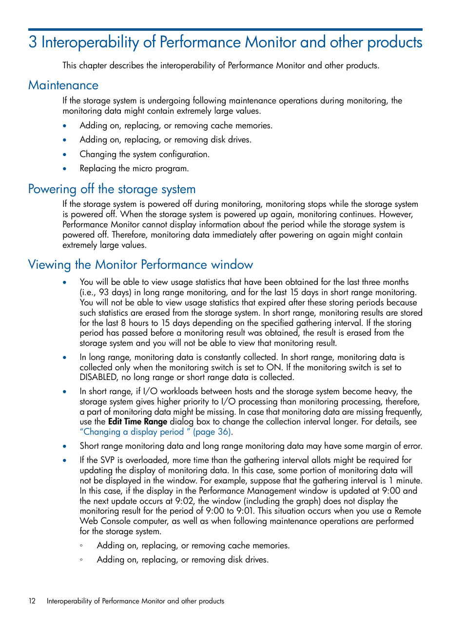 Maintenance, Powering off the storage system, Viewing the monitor performance window | HP XP P9500 Storage User Manual | Page 12 / 157