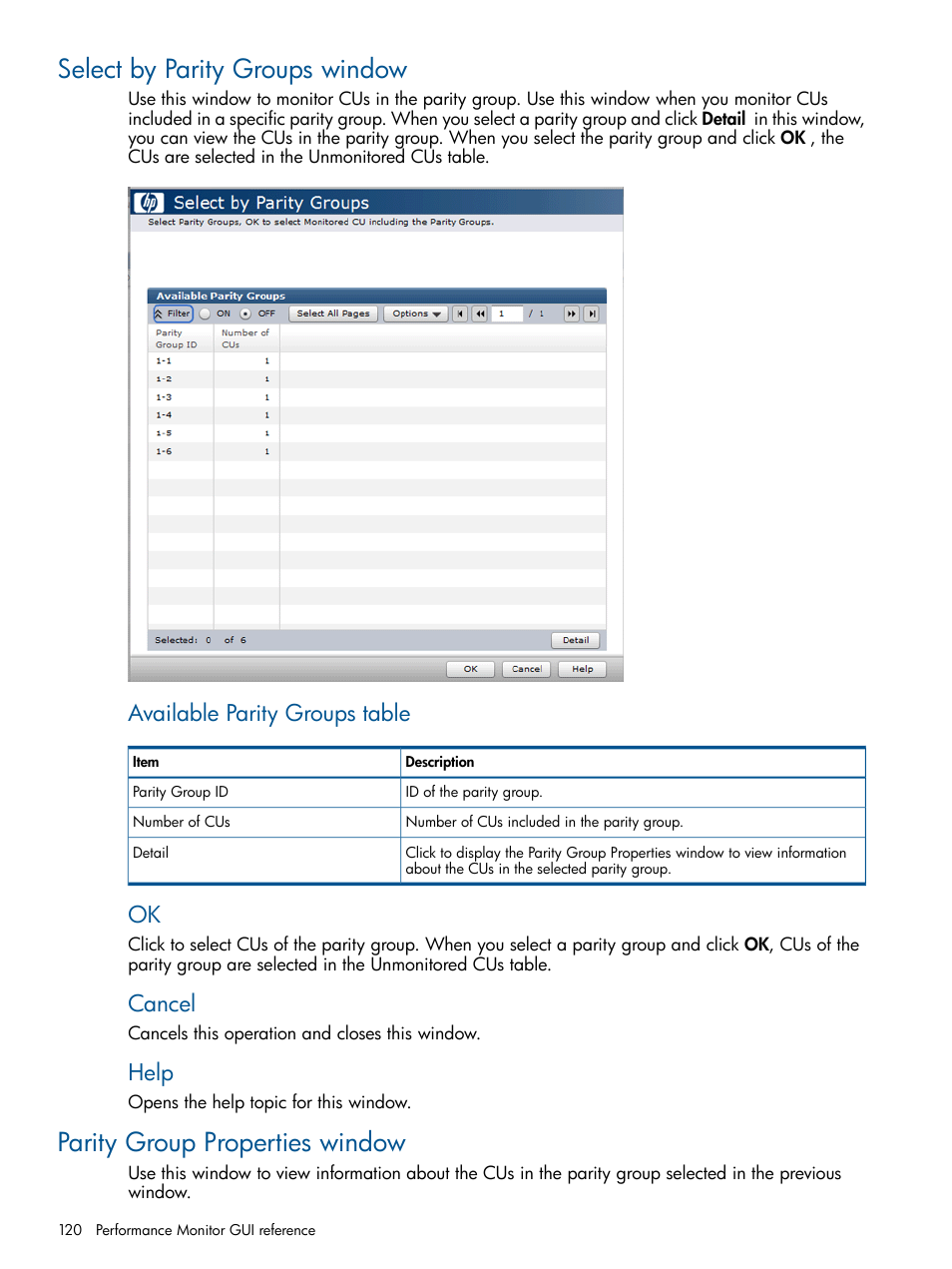 Select by parity groups window, Parity group properties window, Available parity groups table | Cancel, Help | HP XP P9500 Storage User Manual | Page 120 / 157