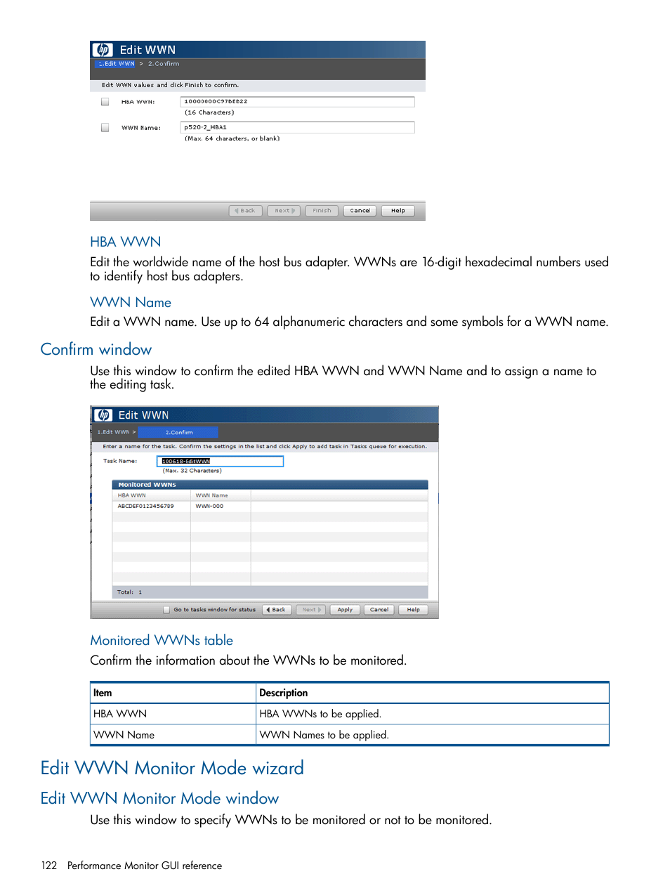 Confirm window, Edit wwn monitor mode wizard, Edit wwn monitor mode window | HP XP P9500 Storage User Manual | Page 122 / 157