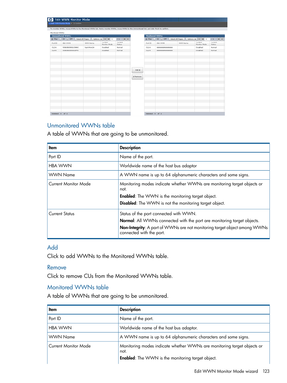 Unmonitored wwns table, Remove, Monitored wwns table | HP XP P9500 Storage User Manual | Page 123 / 157