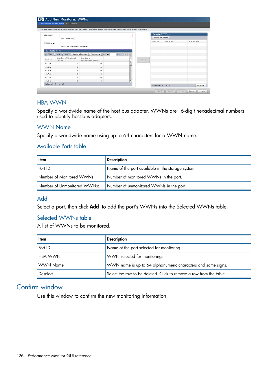 Confirm window, Hba wwn, Wwn name | Available ports table, Selected wwns table | HP XP P9500 Storage User Manual | Page 126 / 157