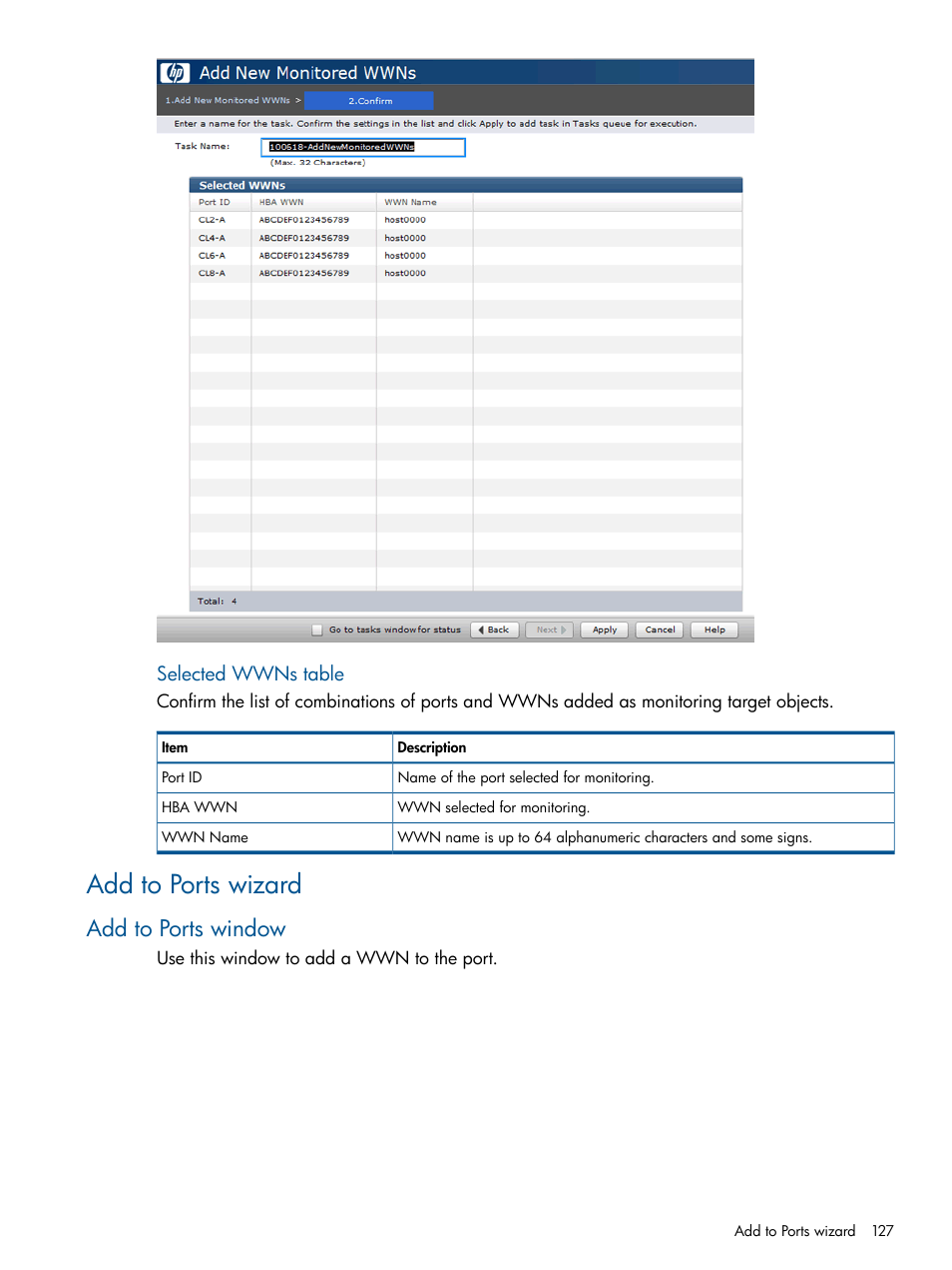 Add to ports wizard, Add to ports window | HP XP P9500 Storage User Manual | Page 127 / 157