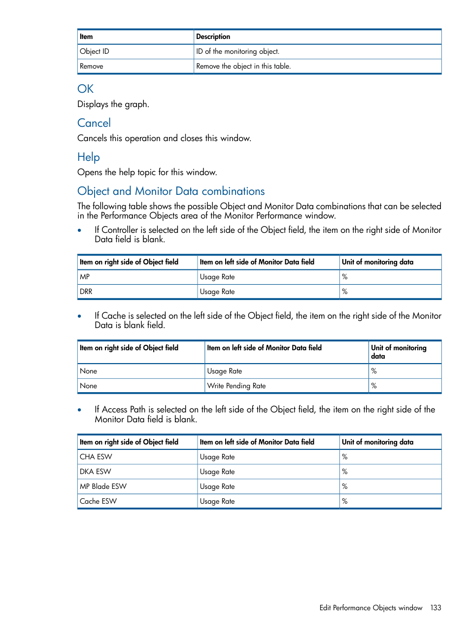 Cancel, Help, Object and monitor data combinations | HP XP P9500 Storage User Manual | Page 133 / 157