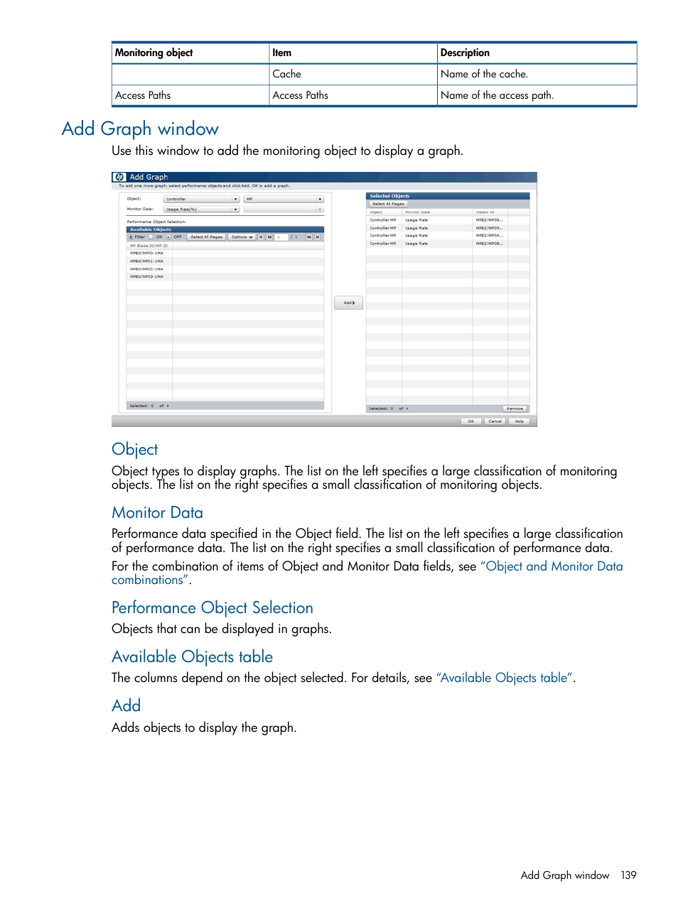 Add graph window, Object, Monitor data | Performance object selection, Available objects table | HP XP P9500 Storage User Manual | Page 139 / 157