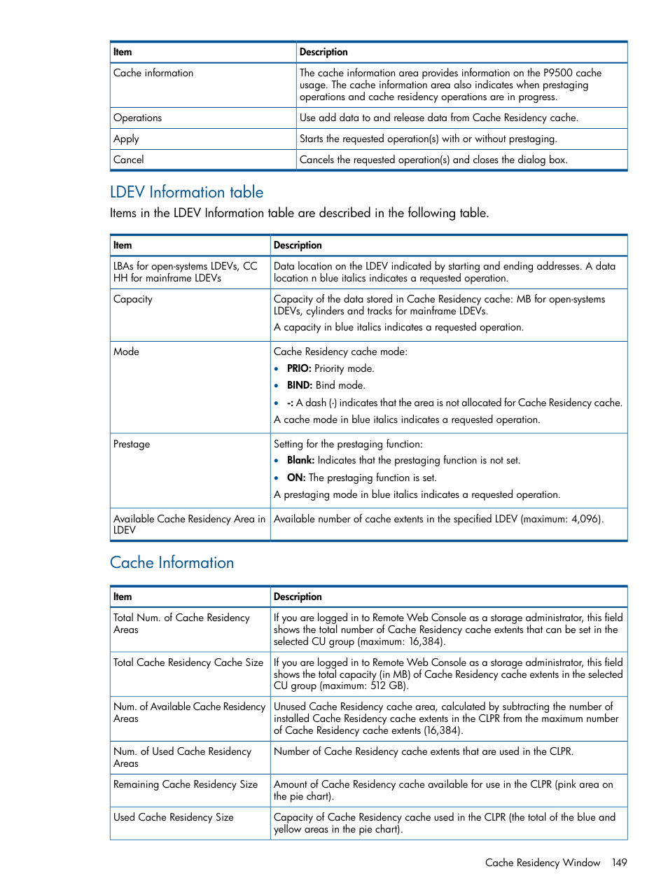 Ldev information table, Cache information | HP XP P9500 Storage User Manual | Page 149 / 157