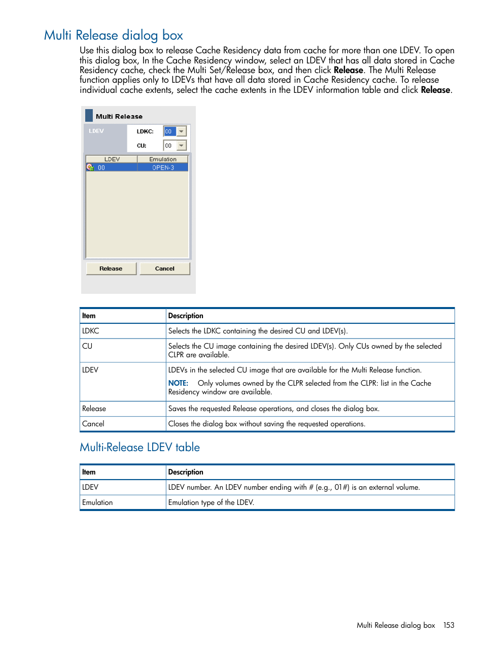 Multi release dialog box, Multi-release ldev table | HP XP P9500 Storage User Manual | Page 153 / 157