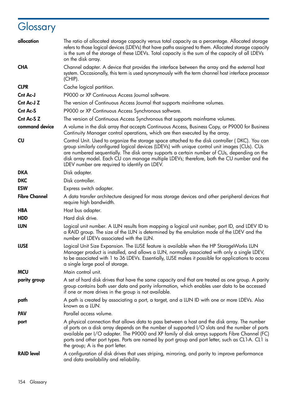 Glossary | HP XP P9500 Storage User Manual | Page 154 / 157