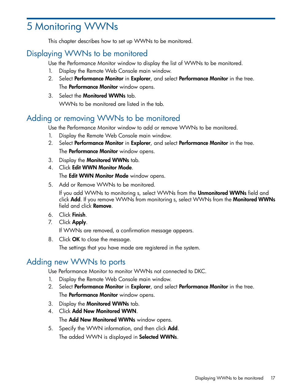 5 monitoring wwns, Displaying wwns to be monitored, Adding or removing wwns to be monitored | Adding new wwns to ports, Displaying wwns to be | HP XP P9500 Storage User Manual | Page 17 / 157