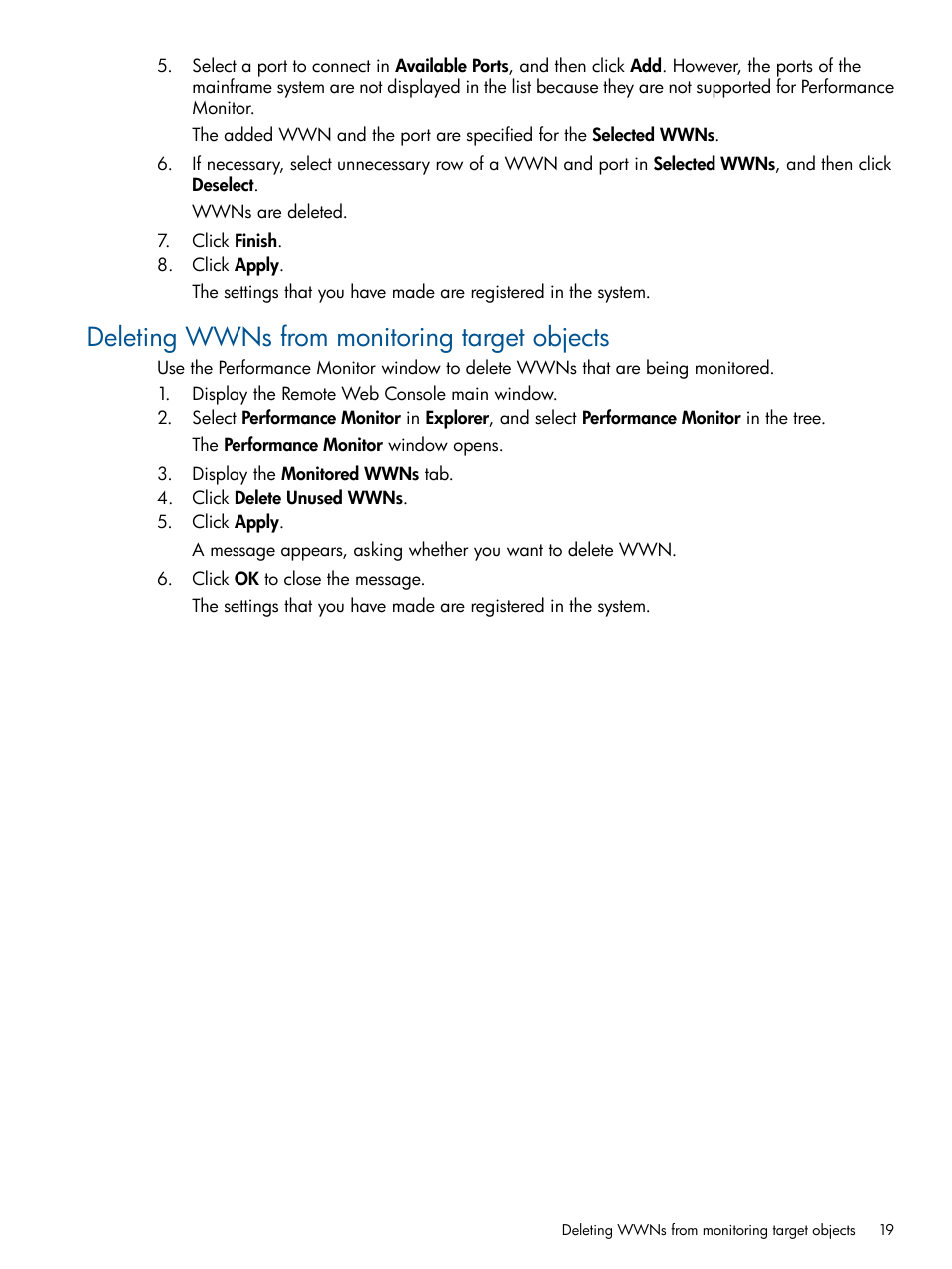 Deleting wwns from monitoring target objects | HP XP P9500 Storage User Manual | Page 19 / 157