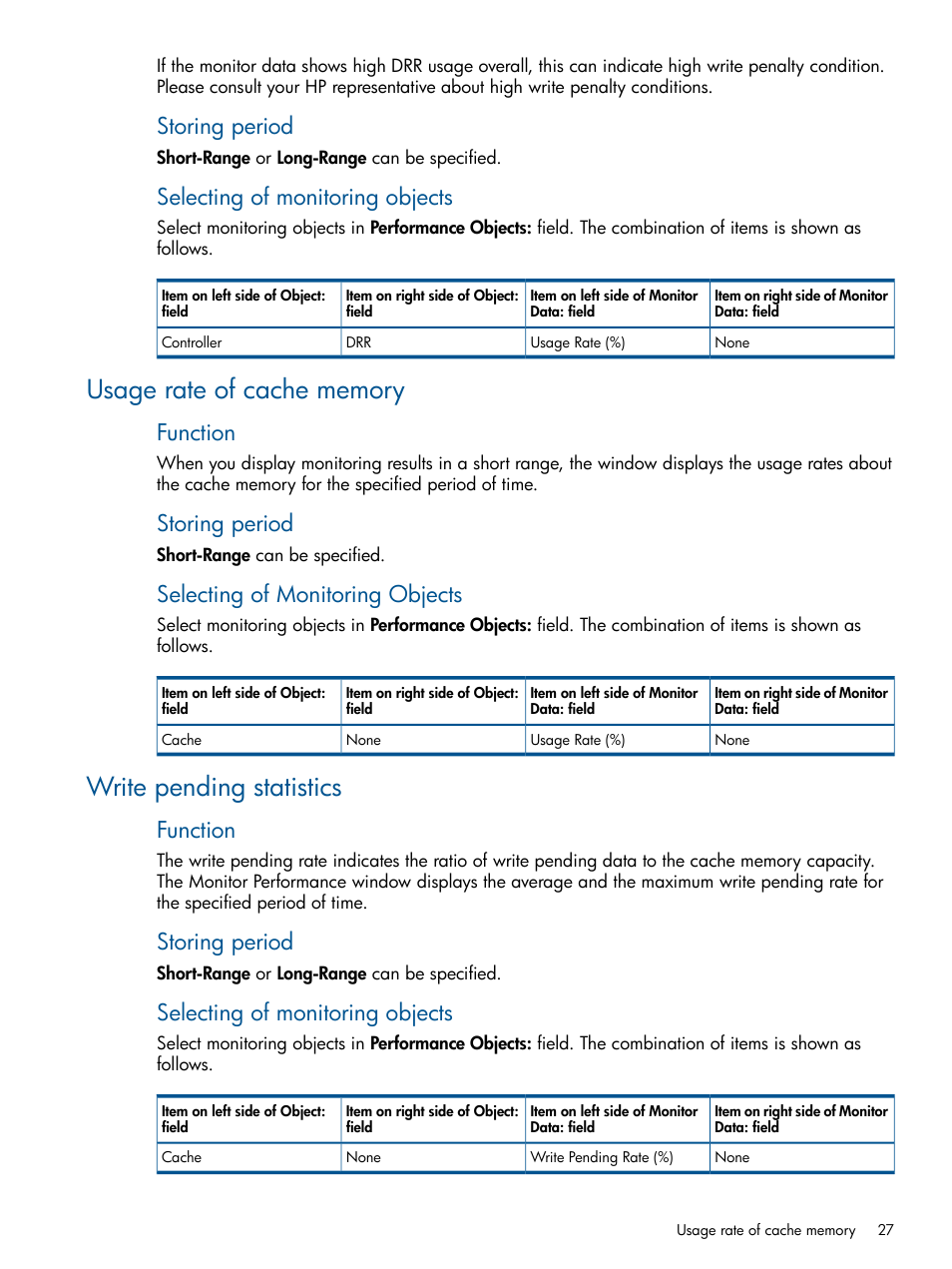 Usage rate of cache memory, Write pending statistics, Storing period | Selecting of monitoring objects, Function | HP XP P9500 Storage User Manual | Page 27 / 157