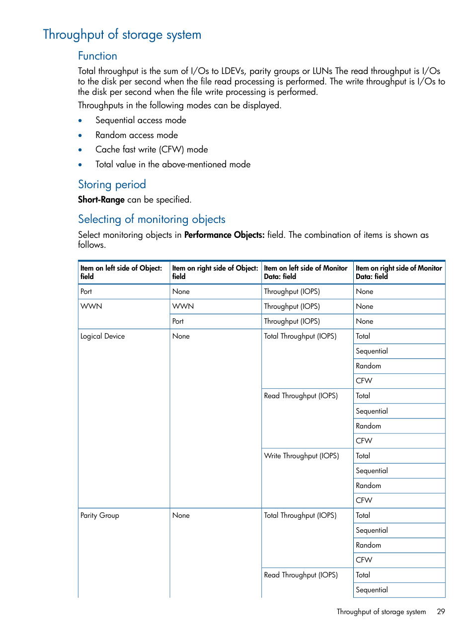 Throughput of storage system, Function, Storing period | Selecting of monitoring objects | HP XP P9500 Storage User Manual | Page 29 / 157