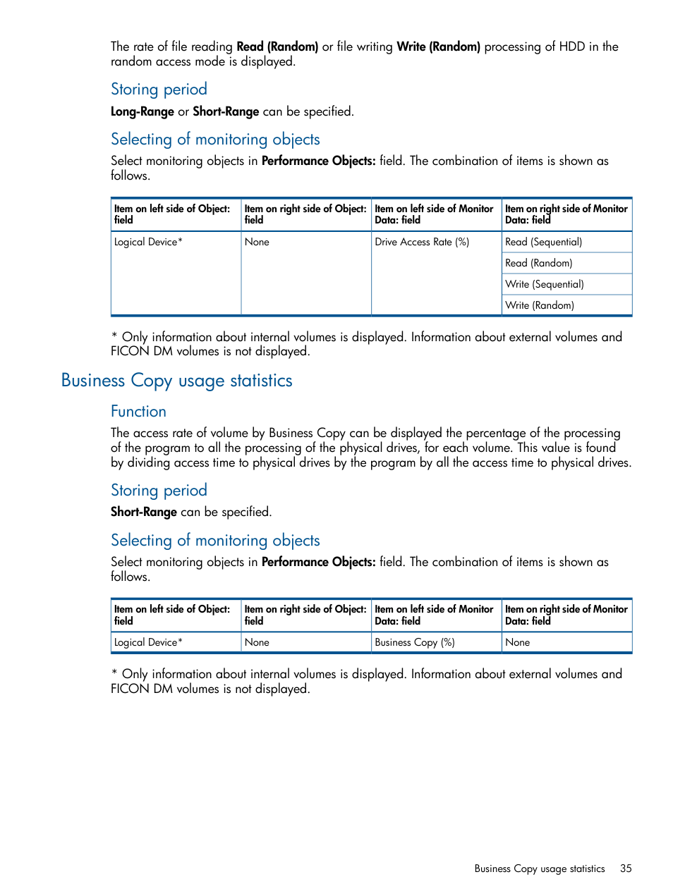 Business copy usage statistics, Storing period, Selecting of monitoring objects | Function | HP XP P9500 Storage User Manual | Page 35 / 157