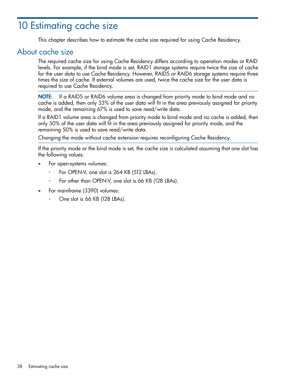 10 estimating cache size, About cache size | HP XP P9500 Storage User Manual | Page 38 / 157