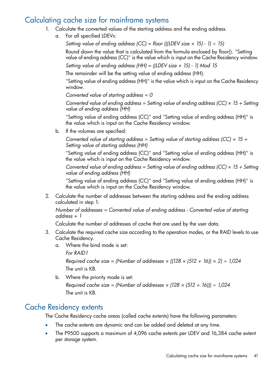 Calculating cache size for mainframe systems, Cache residency extents | HP XP P9500 Storage User Manual | Page 41 / 157