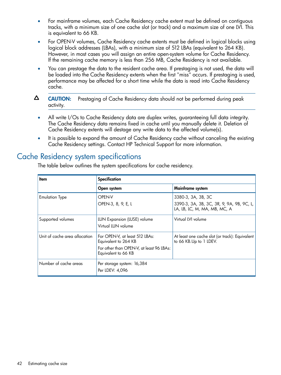 Cache residency system specifications | HP XP P9500 Storage User Manual | Page 42 / 157