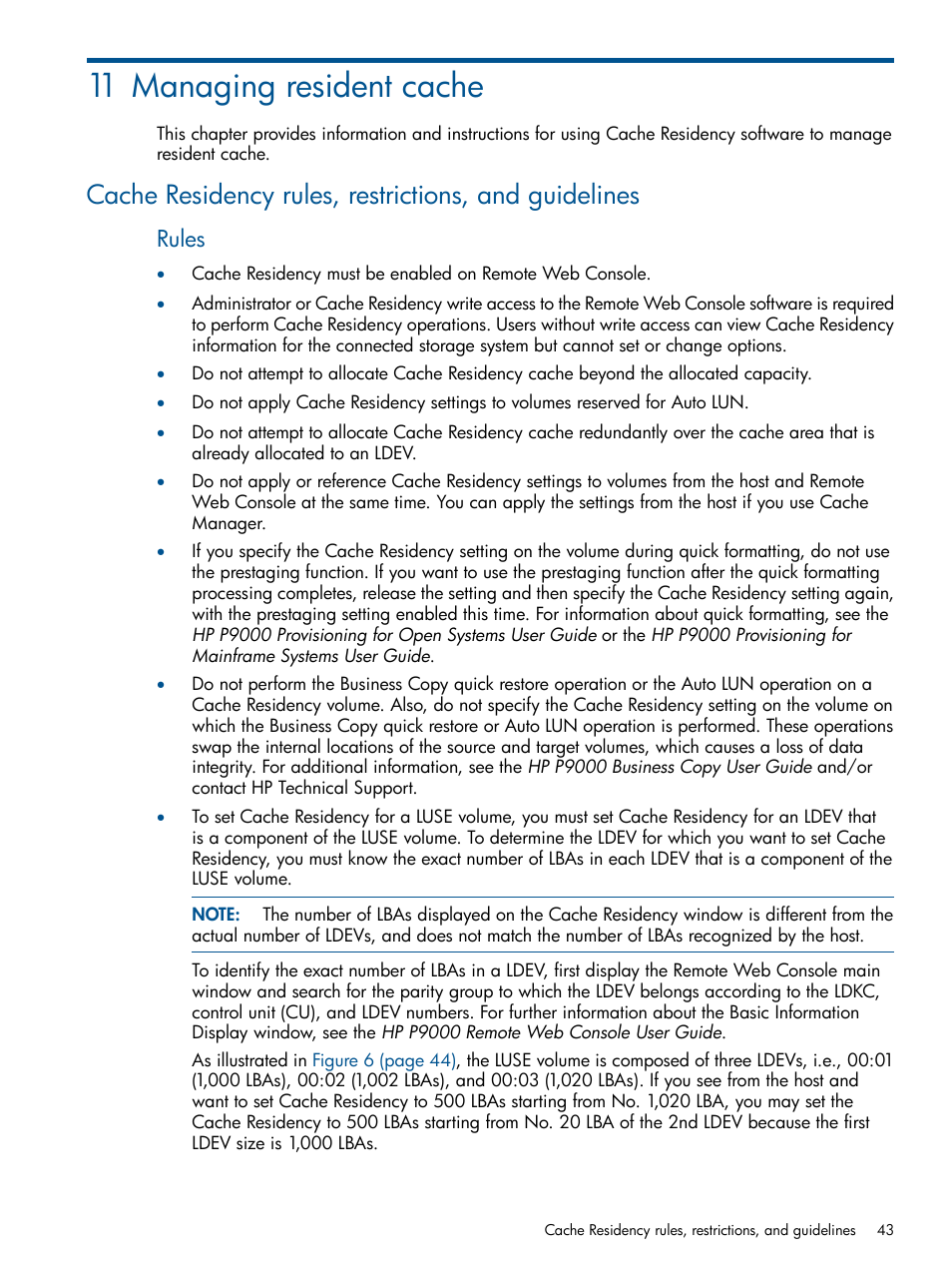 11 managing resident cache, Rules | HP XP P9500 Storage User Manual | Page 43 / 157