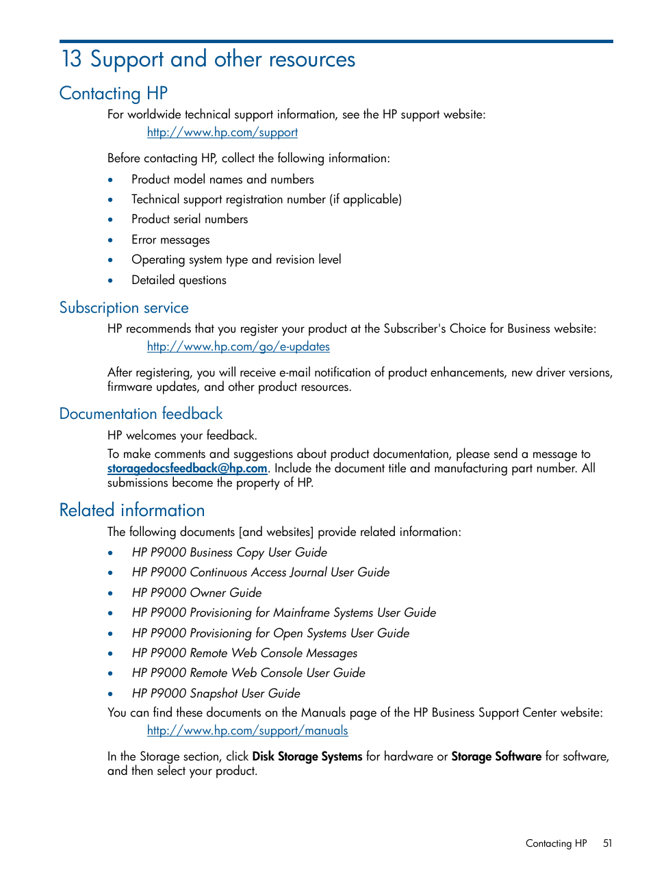 13 support and other resources, Contacting hp, Subscription service | Documentation feedback, Related information, Subscription service documentation feedback | HP XP P9500 Storage User Manual | Page 51 / 157