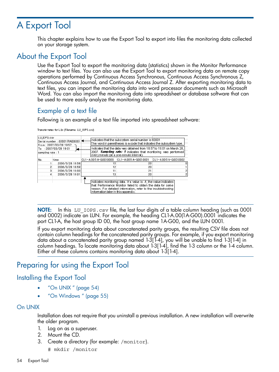 A export tool, About the export tool, Preparing for using the export tool | Installing the export tool, On unix, Example of a text file | HP XP P9500 Storage User Manual | Page 54 / 157