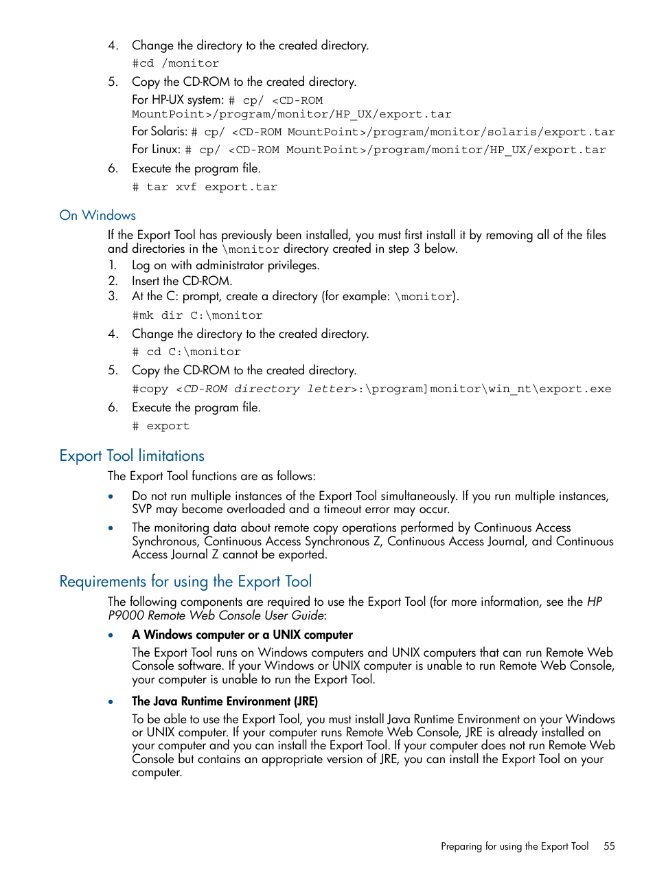 On windows, Export tool limitations, Requirements for using the export tool | HP XP P9500 Storage User Manual | Page 55 / 157