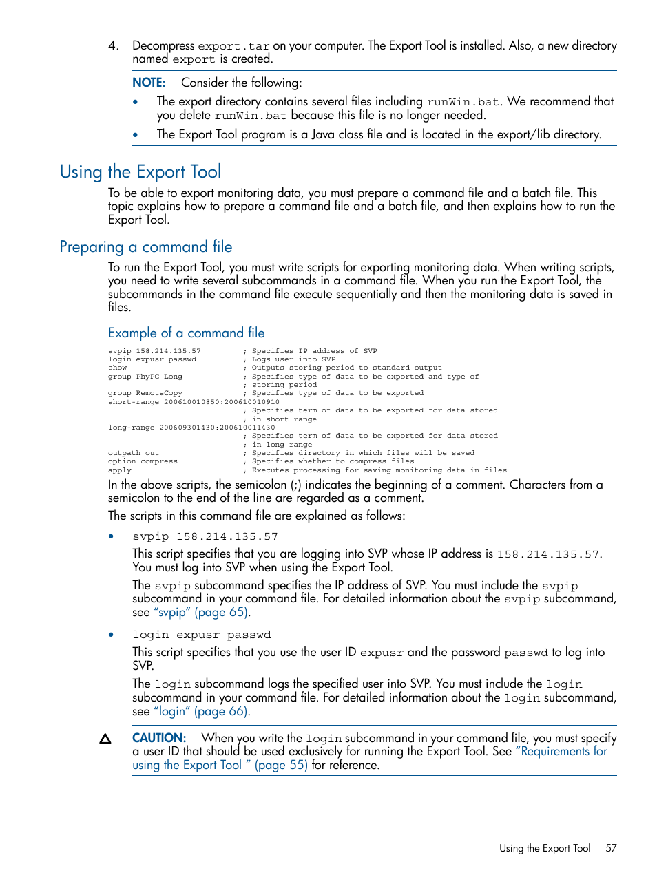 Using the export tool, Preparing a command file | HP XP P9500 Storage User Manual | Page 57 / 157