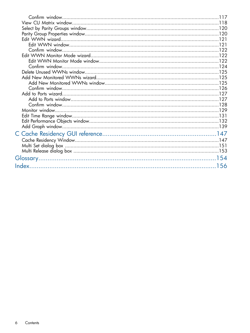 C cache residency gui reference, Glossary index | HP XP P9500 Storage User Manual | Page 6 / 157