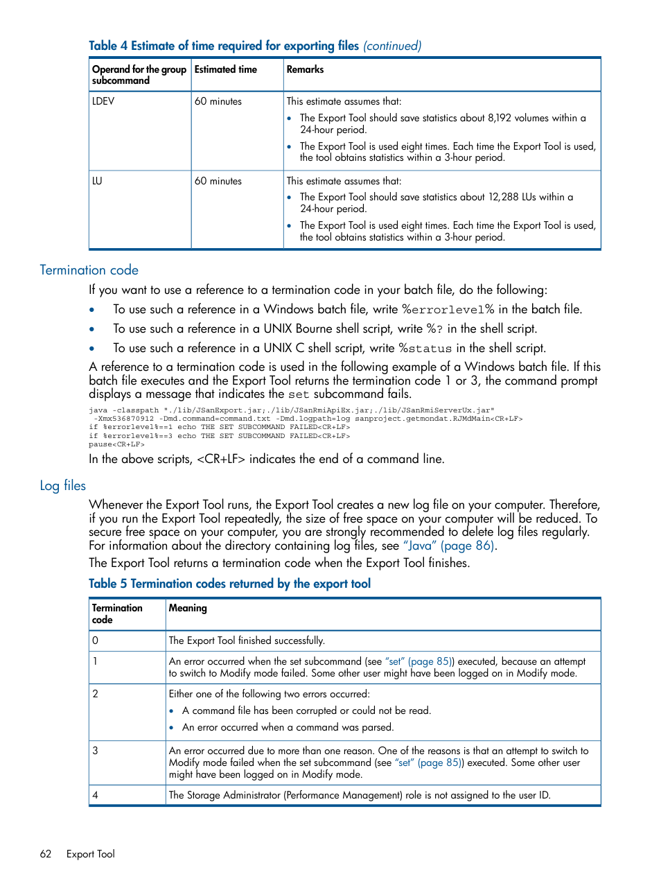 Termination code, Log files, Termination code log files | HP XP P9500 Storage User Manual | Page 62 / 157