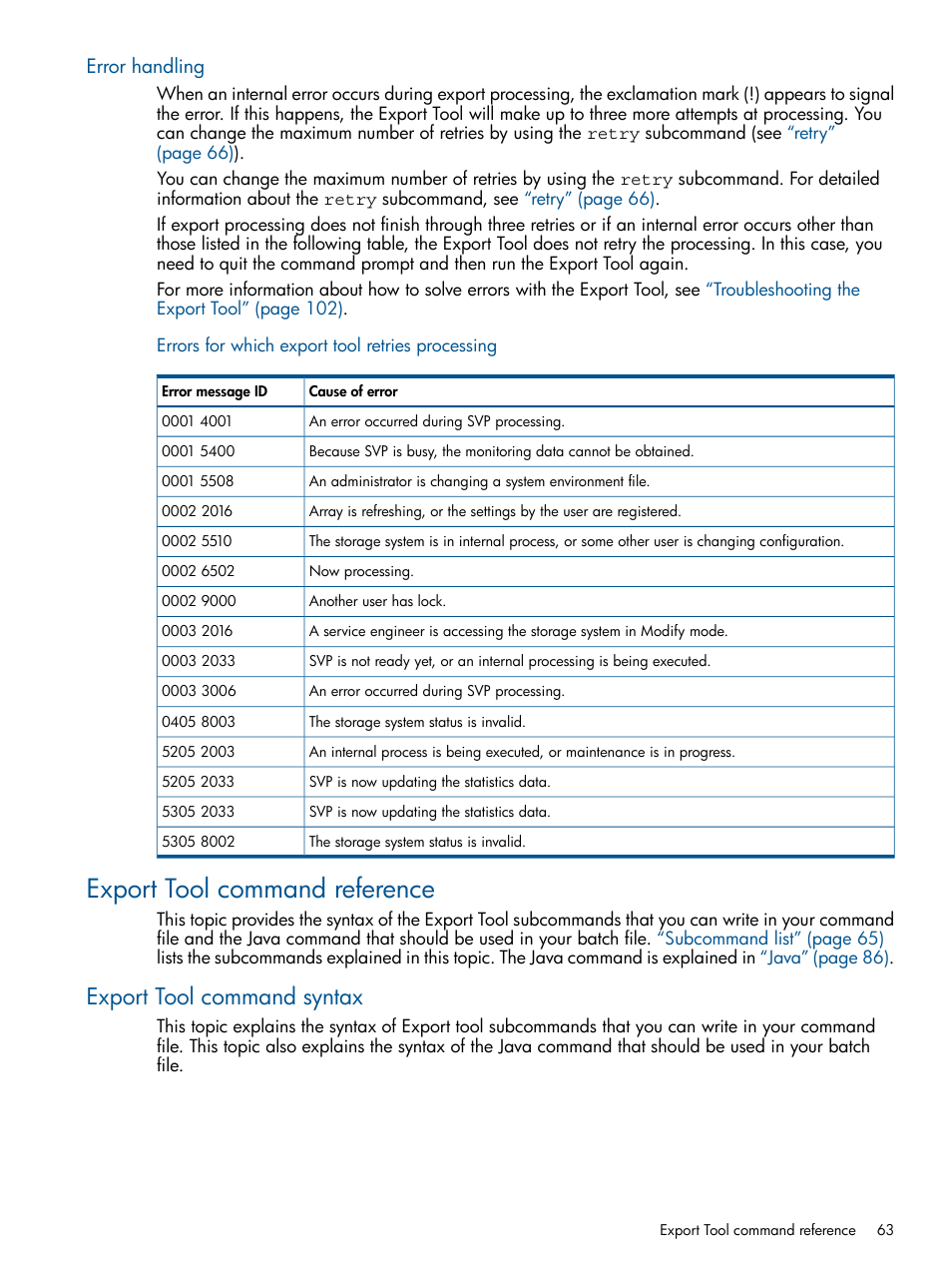 Error handling, Export tool command reference, Export tool command syntax | HP XP P9500 Storage User Manual | Page 63 / 157