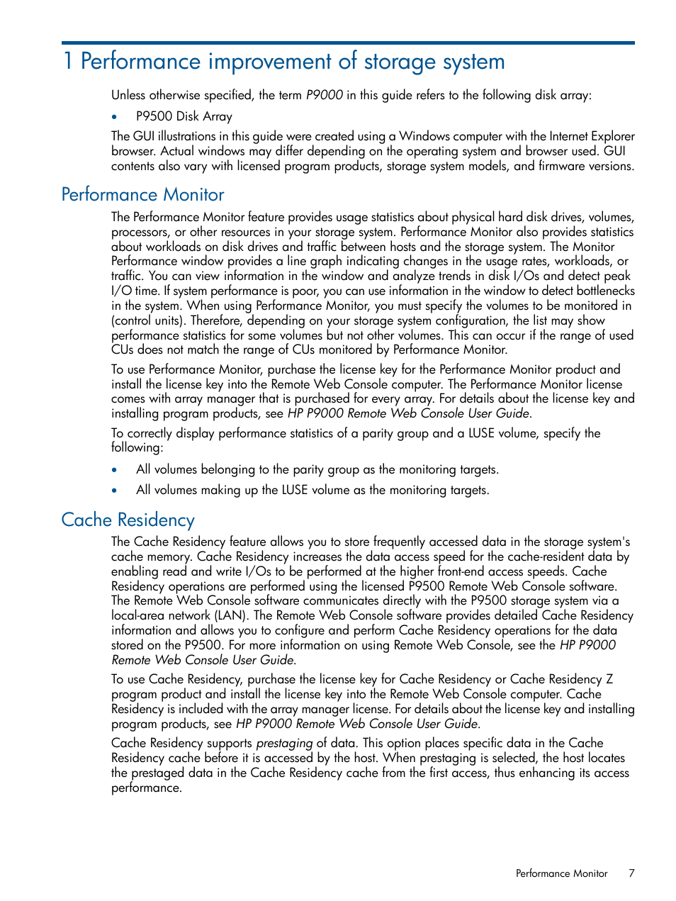 1 performance improvement of storage system, Performance monitor, Cache residency | Performance monitor cache residency | HP XP P9500 Storage User Manual | Page 7 / 157