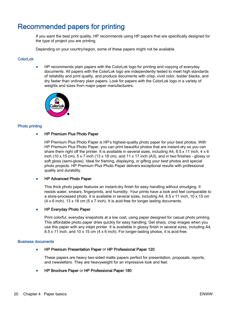 Recommended papers for printing | HP Deskjet 1513 All-in-One Printer User Manual | Page 24 / 90