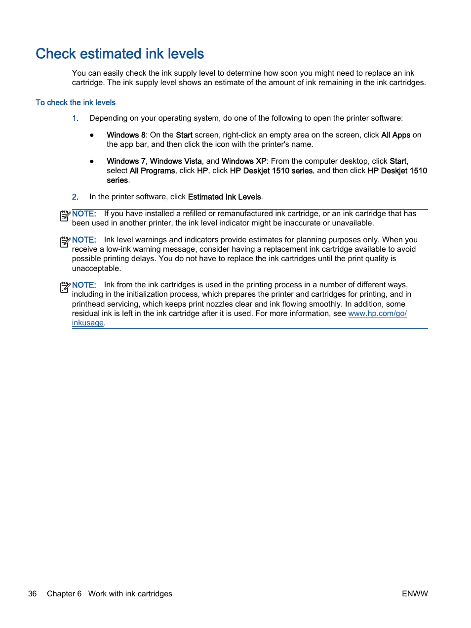 Check estimated ink levels | HP Deskjet 1513 All-in-One Printer User Manual | Page 40 / 90