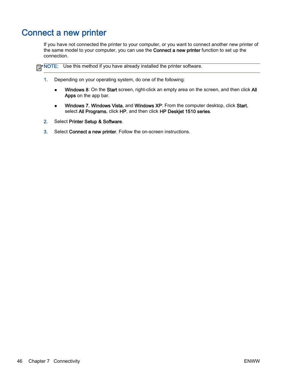 Connect a new printer | HP Deskjet 1513 All-in-One Printer User Manual | Page 50 / 90
