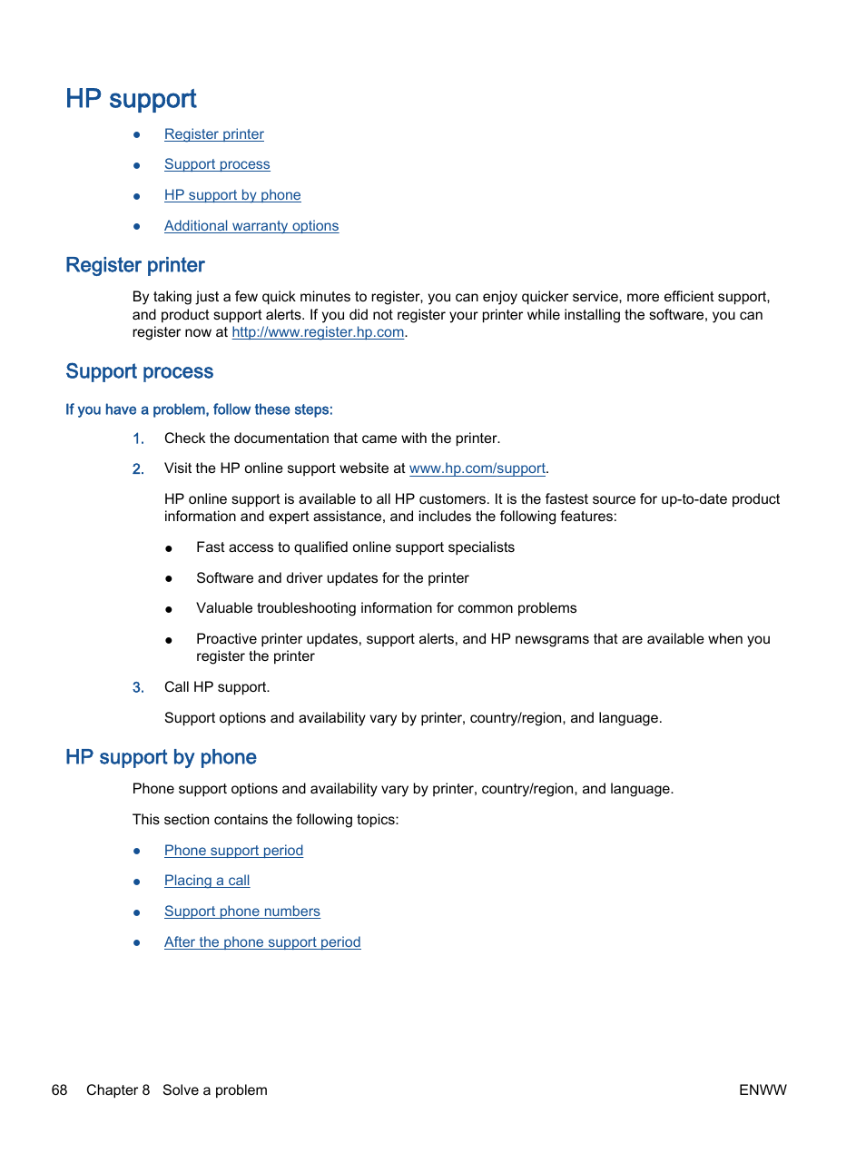 Hp support, Register printer, Support process | Hp support by phone | HP Deskjet 1513 All-in-One Printer User Manual | Page 72 / 90