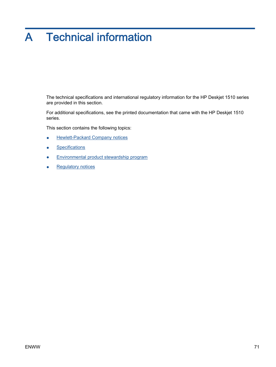 Technical information, Appendix a technical information, A technical information | HP Deskjet 1513 All-in-One Printer User Manual | Page 75 / 90