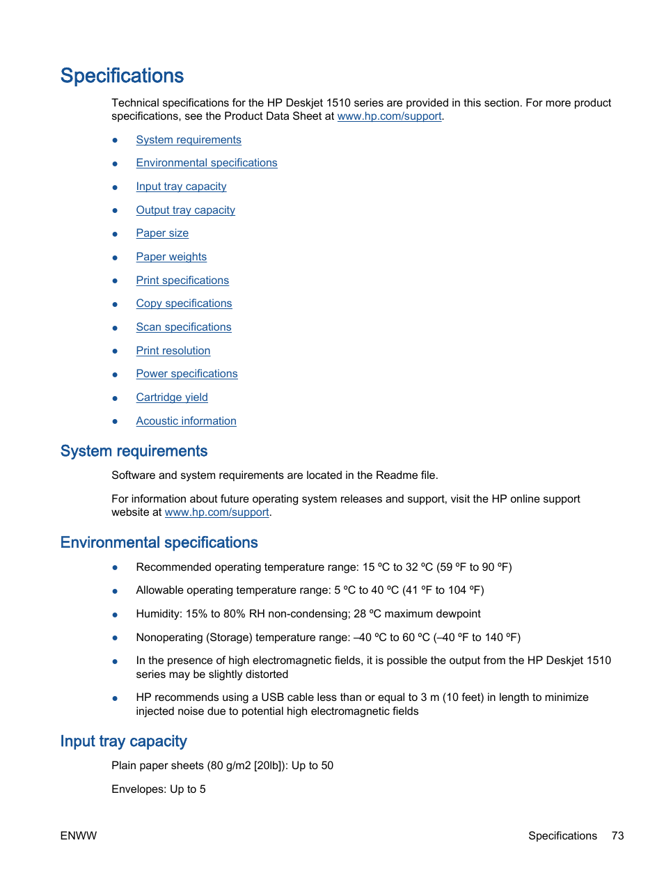 Specifications, System requirements, Environmental specifications | Input tray capacity | HP Deskjet 1513 All-in-One Printer User Manual | Page 77 / 90