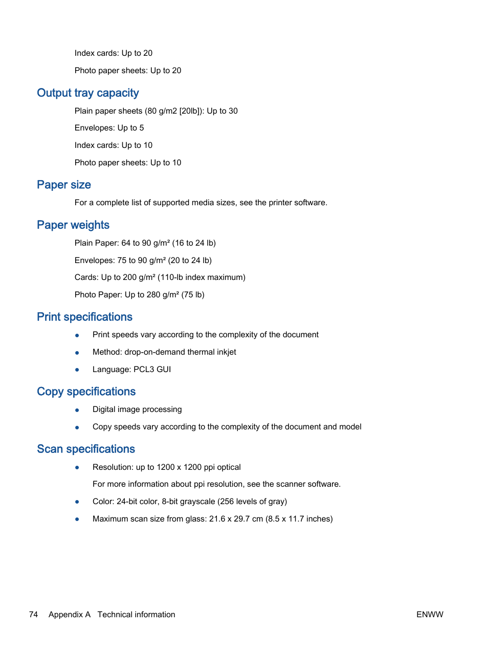 Output tray capacity, Paper size, Paper weights | Print specifications, Copy specifications, Scan specifications | HP Deskjet 1513 All-in-One Printer User Manual | Page 78 / 90