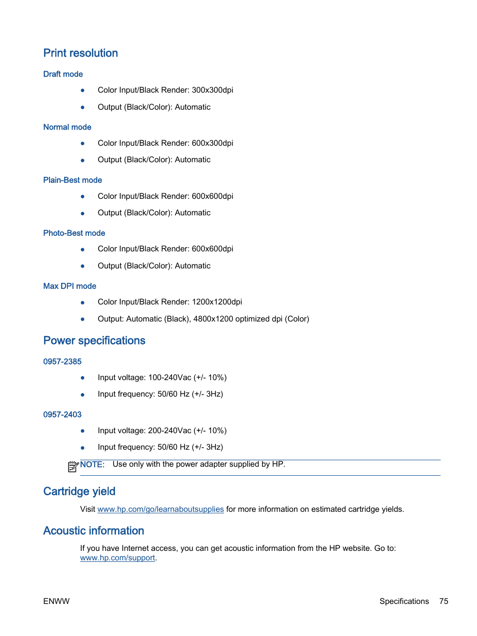 Print resolution, Power specifications, Cartridge yield | Acoustic information | HP Deskjet 1513 All-in-One Printer User Manual | Page 79 / 90