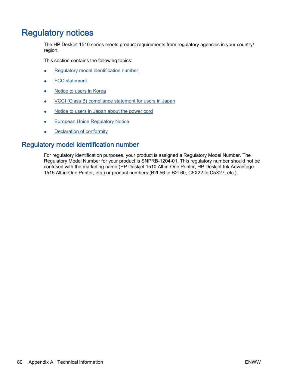 Regulatory notices, Regulatory model identification number | HP Deskjet 1513 All-in-One Printer User Manual | Page 84 / 90